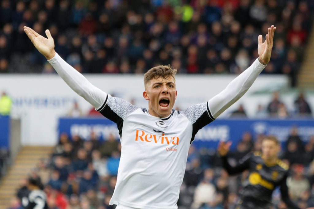 Harrison Ashby of Swansea City protests to the assistant referee during the Sky Bet Championship match between Swansea City and Southampton FC at t...