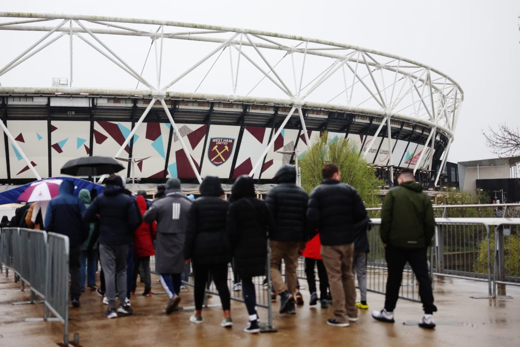 General view outside the stadium as fans arrive prior to the Premier League match between West Ham United and Tottenham Hotspur at the London Stadi...