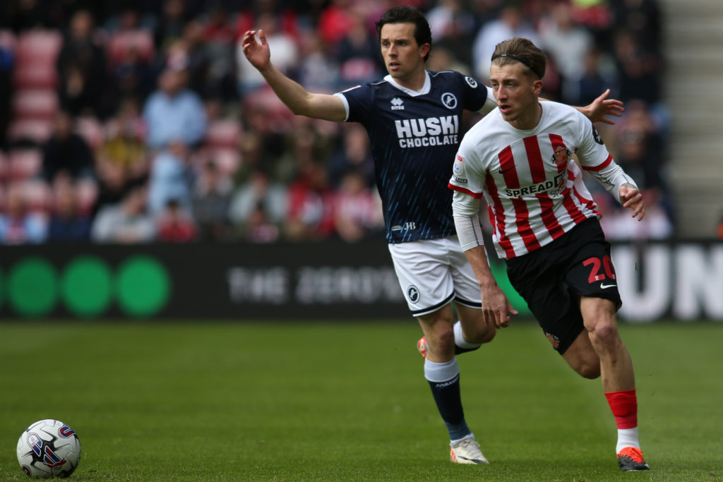 Jack Clarke of Sunderland is taking on George Honeyman of Millwall during the Sky Bet Championship match at the Stadium Of Light in Sunderland, on ...