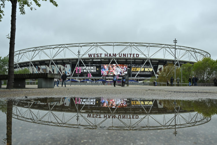 A general view outside the London Stadium during the Premier League match between West Ham United and Liverpool FC at London Stadium on April 27, 2...