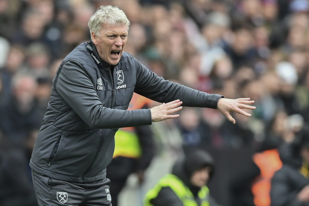 David Moyes manger of West Ham United gestures during the Premier League match between West Ham United and Liverpool FC at London Stadium on April ...