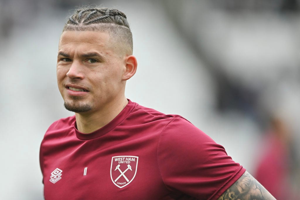 Kalvin Phillips of West Ham United warms up before the Premier League match between West Ham United and Liverpool FC at London Stadium on April 27,...