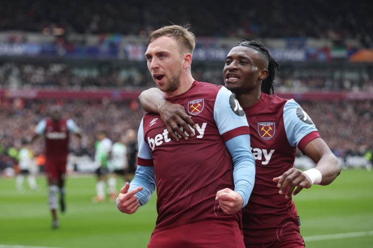West Ham United's Jarrod Bowen celebrates scoring his side's first goal with Mohammed Kudus during the Premier League match between West Ham United...