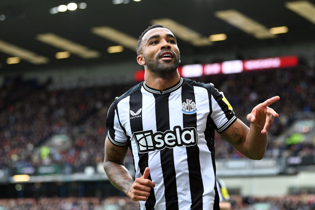 Callum Wilson of Newcastle United celebrates scoring his team's first goal during the Premier League match between Burnley FC and Newcastle United ...
