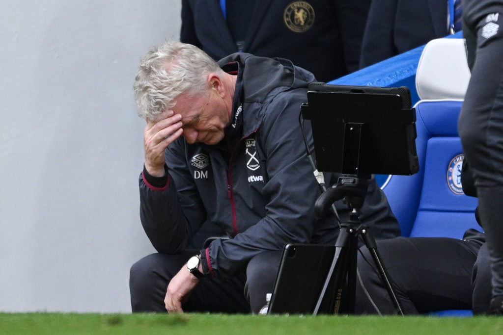 David Moyes, Manager of West Ham United, looks dejected during the Premier League match between Chelsea FC and West Ham United at Stamford Bridge o...