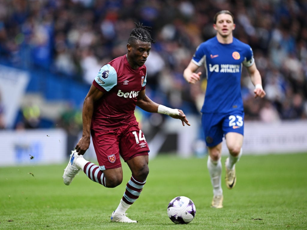 Mohammed Kudus of West Ham United runs with the ball during the Premier League match between Chelsea FC and West Ham United at Stamford Bridge on M...