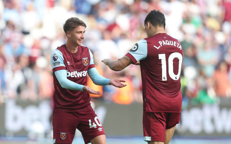 West Ham United's George Earthy celebrates with Lucas Paqueta during the Premier League match between West Ham United and Luton Town at London Stad...
