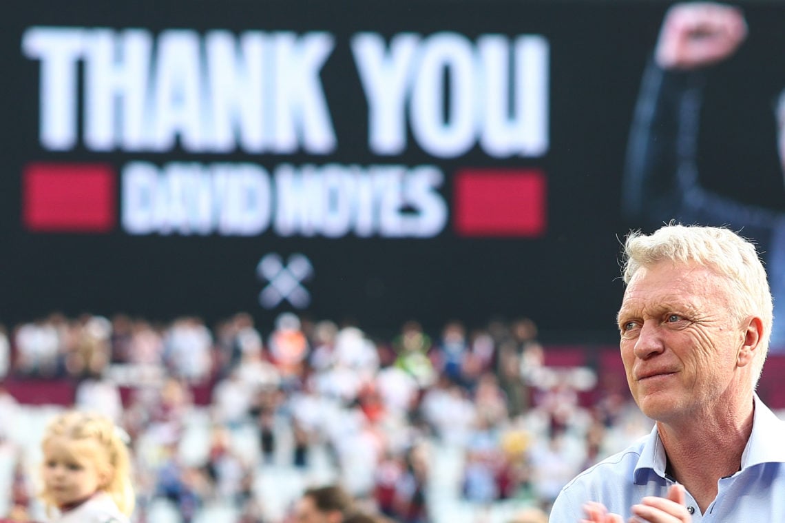 The big screens at The London Stadium thank West Ham manager David Moyes as he completes his final season at the club during the Premier League mat...