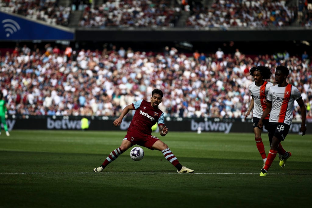 Lucas Paqueta of West Ham United is playing during the Premier League match between West Ham United and Luton Town at the London Stadium in Stratfo...