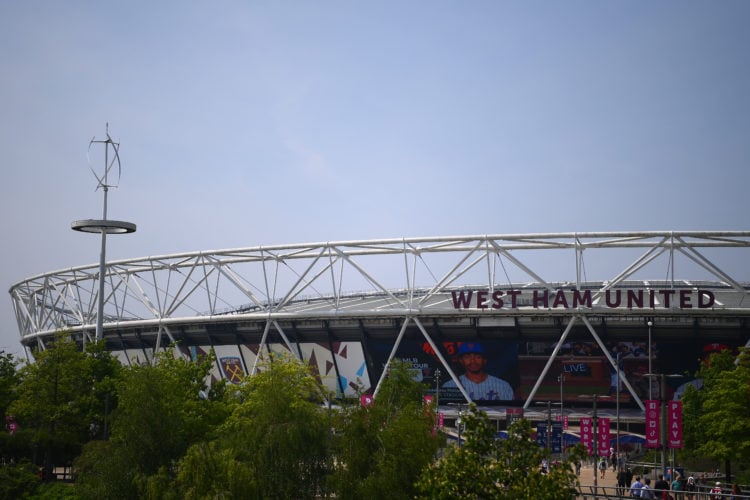 General view outside the stadium  prior to the Premier League match between West Ham United and Luton Town at London Stadium on May 11, 2024 in Lon...