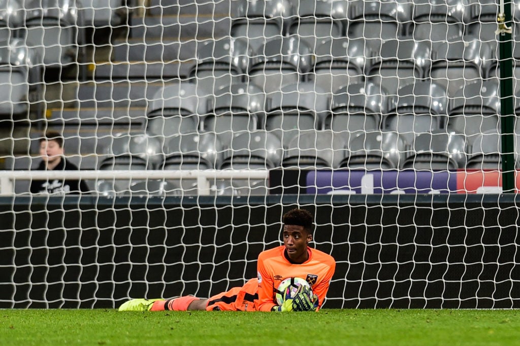 West Ham United Goalkeeper Nathan Trott (1) lays on the ground after making another save during the Premier League 2 Match between Newcastle United...