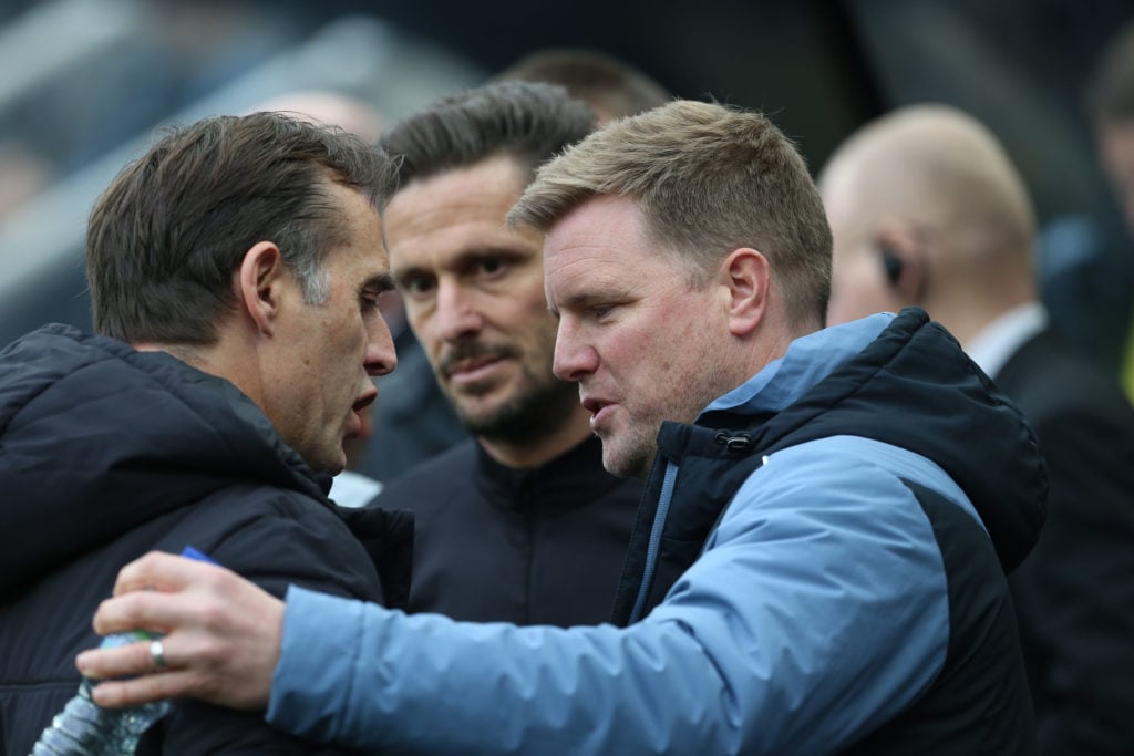 Newcastle United manager Eddie Howe greets Wolverhampton Wanderers' manager Julen Lopetegui during the Premier League match between Newcastle Unite...