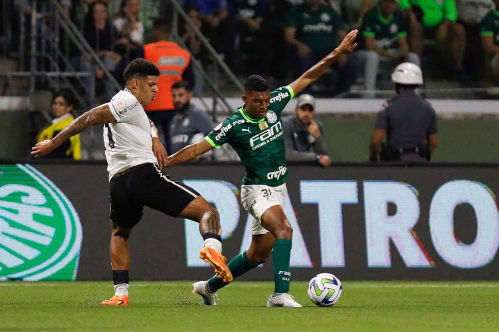 Luis Guilherme of Palmeiras fights for the ball with Luis Henrique of Botafogo during the match between Palmeiras and Botafogo as part of Brasileir...