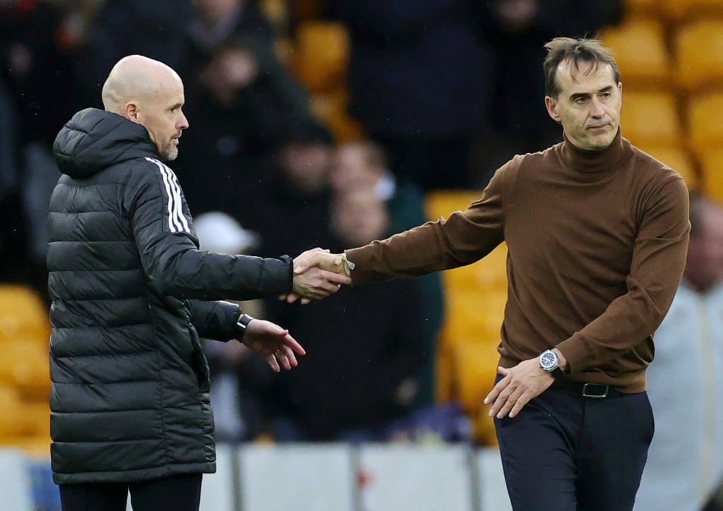 Erik ten Hag, Manager of Manchester United, shakes hands with Julen Lopetegui, Manager of Wolverhampton Wanderers, after the Premier League match b...