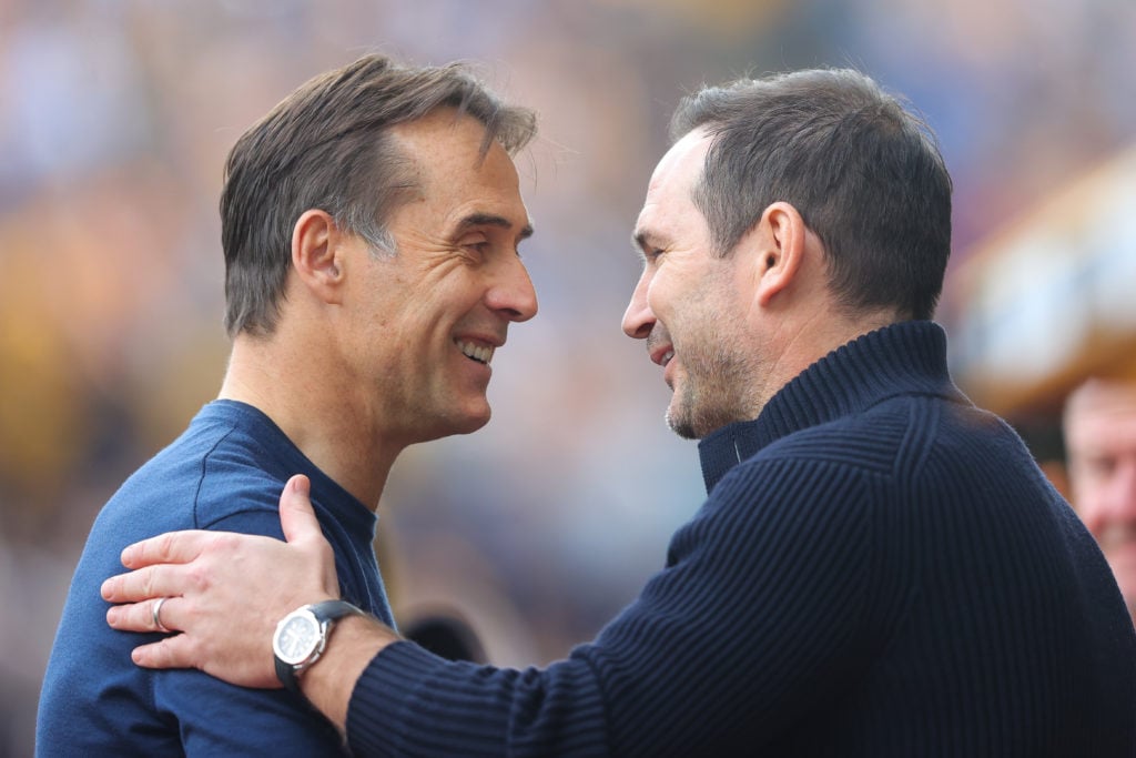 Julen Lopetegui, manager of Wolverhampton Wanderers, greets Frank Lampard, interim manager of Chelsea, during the Premier League match between Wolv...