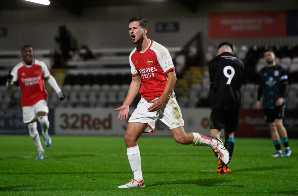 Luis Brown celebrates scoring a goal for Arsenal during the FA Youth Cup 3rd round match between Arsenal U18 and Crewe Alexandra U18 at Meadow Park...