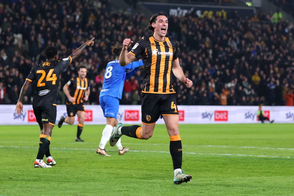 Jacob Greaves of Hull City celebrates his team's first goal scored by teammate Ozan Tufan during the Sky Bet Championship match between Hull City a...