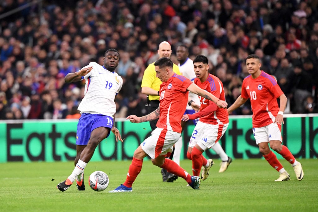 19 Youssouf FOFANA (fra) - 18 Rodrigo ECHEVERRIA (chi) - 22 Dario Osorio (chi) during the friendly match between France and Chile at Orange Velodro...
