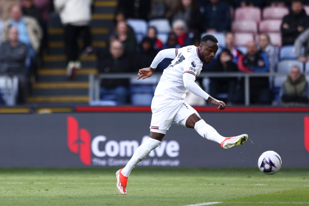 Maxwel Cornet is shooting at goal during the Premier League match between Crystal Palace and West Ham United at Selhurst Park in London, on April 2...