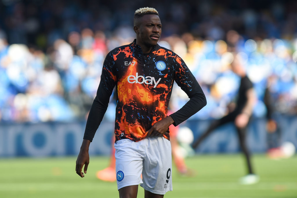 Victor Osimhen of SSC Napoli warms up before the Serie A TIM match between SSC Napoli and US Lecce at Stadio Diego Armando Maradona Naples Italy on...