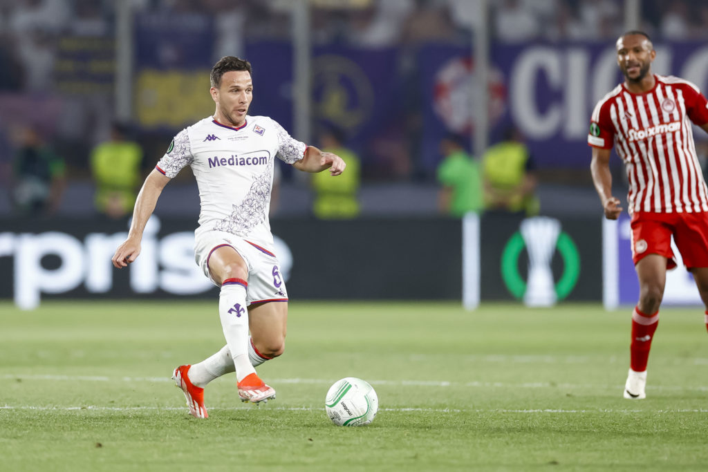 Arthur Melo of ACF Fiorentina controls the ball during the UEFA Europa Conference League 2023/24 final match between Olympiacos FC and ACF Fiorenti...