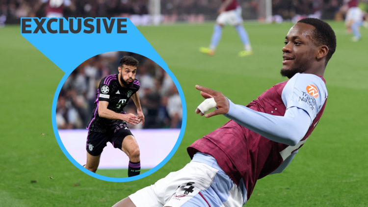 Jhon Duran celebrates for Aston Villa. Inset, Noussair Mazraouri playing for Bayern, with EXCLUSIVE logo