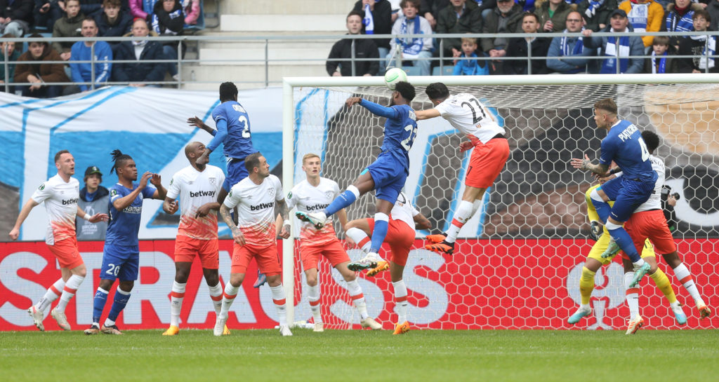 KAA Gent's Jordan Torunarigha with a header in the first half during the UEFA Europa Conference League quarterfinal first leg match between KAA Gen...