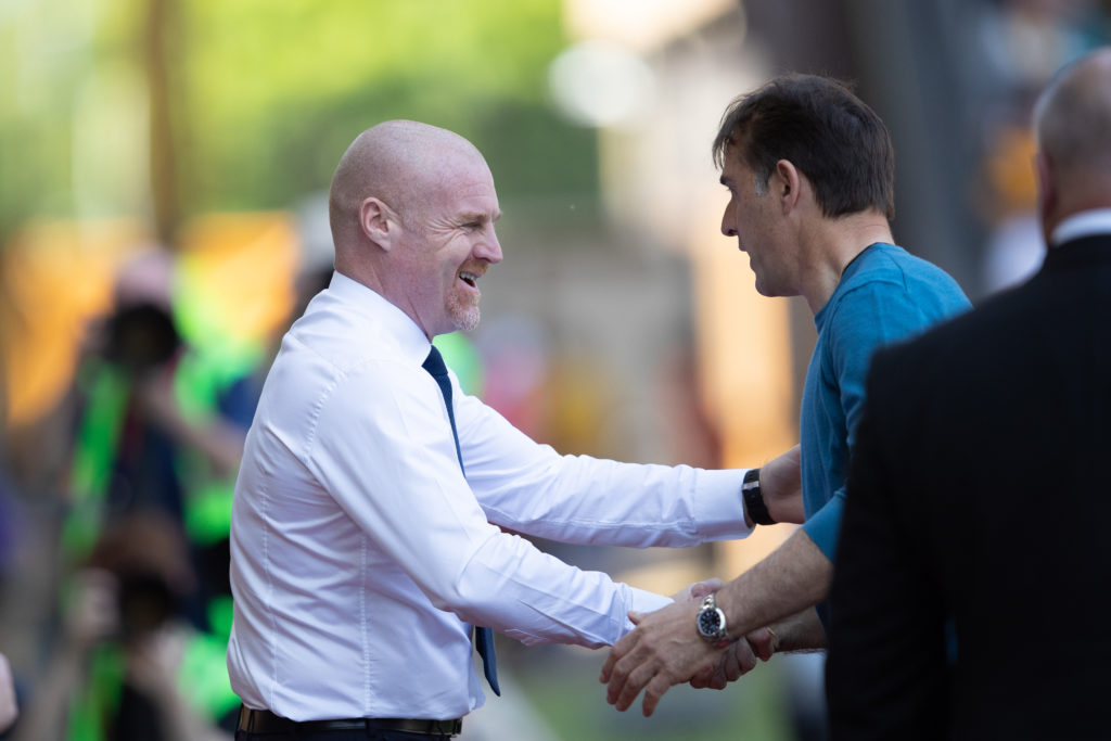 Sean Dyche, manager of Everton shakes hands with Julen Lopetegui, manager of Wolves before the Premier League match between Wolverhampton Wanderers...