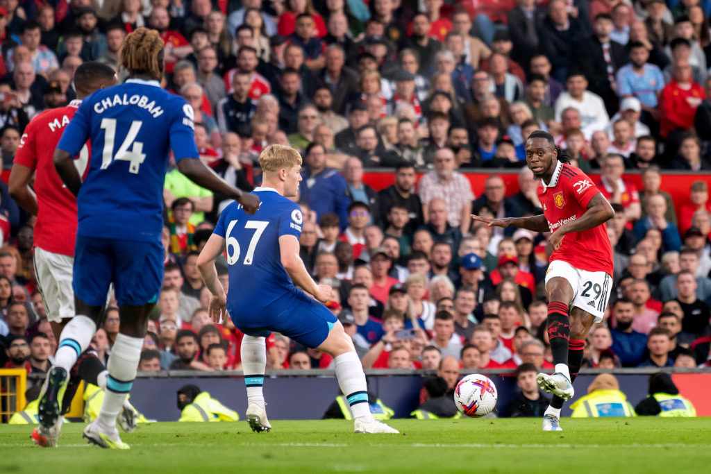 Aaron Wan-Bissaka of Manchester United controls the ball during the Premier League match between Manchester United and Chelsea FC at Old Trafford o...