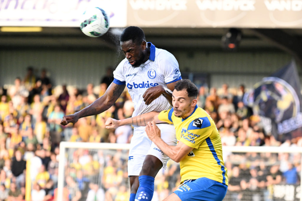 Jordan Torunarigha of AA Gent battles for the ball with Edisson Jordanov of Westerlo during the Jupiler Pro League season 2023 - 2024 match day 3 m...