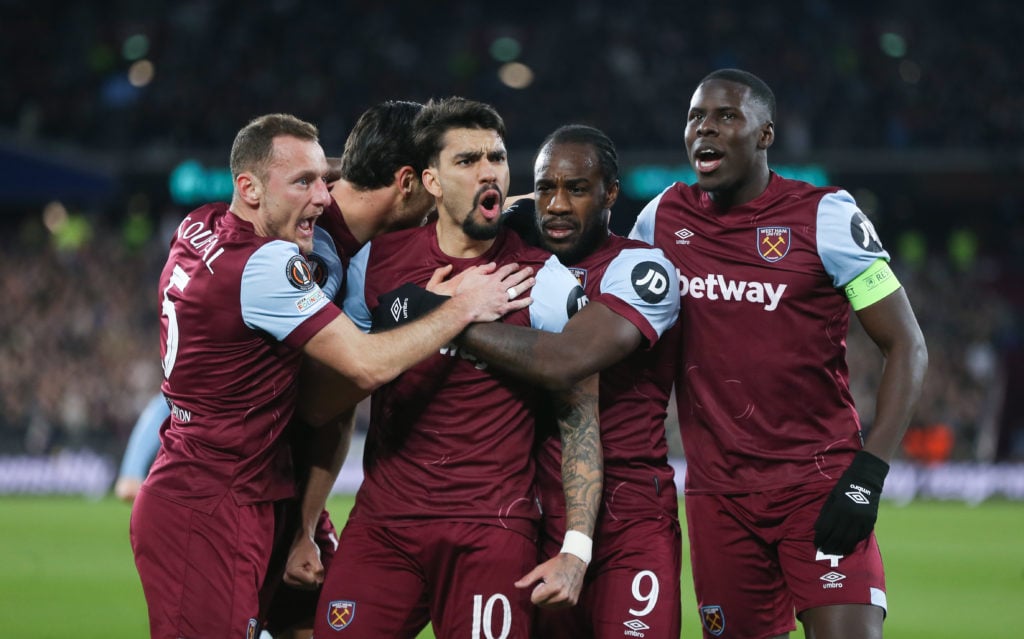 West Ham United's Lucas Paqueta celebrates scoring his side's first goal with Vladimir Coufal, Michail Antonio and Kurt Zouma during the UEFA Europ...