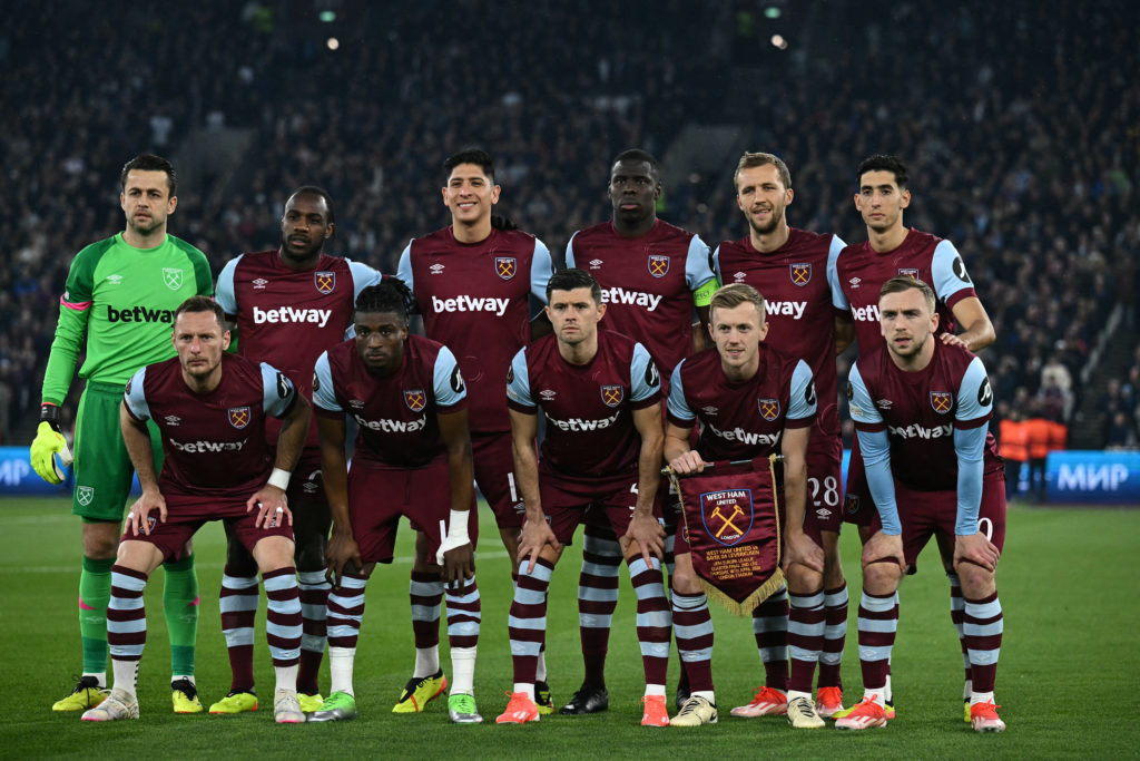 (Back row L-R) West Ham United's Polish goalkeeper #01 Lukasz Fabianski, West Ham United's English midfielder #09 Michail Antonio, West Ham United'...