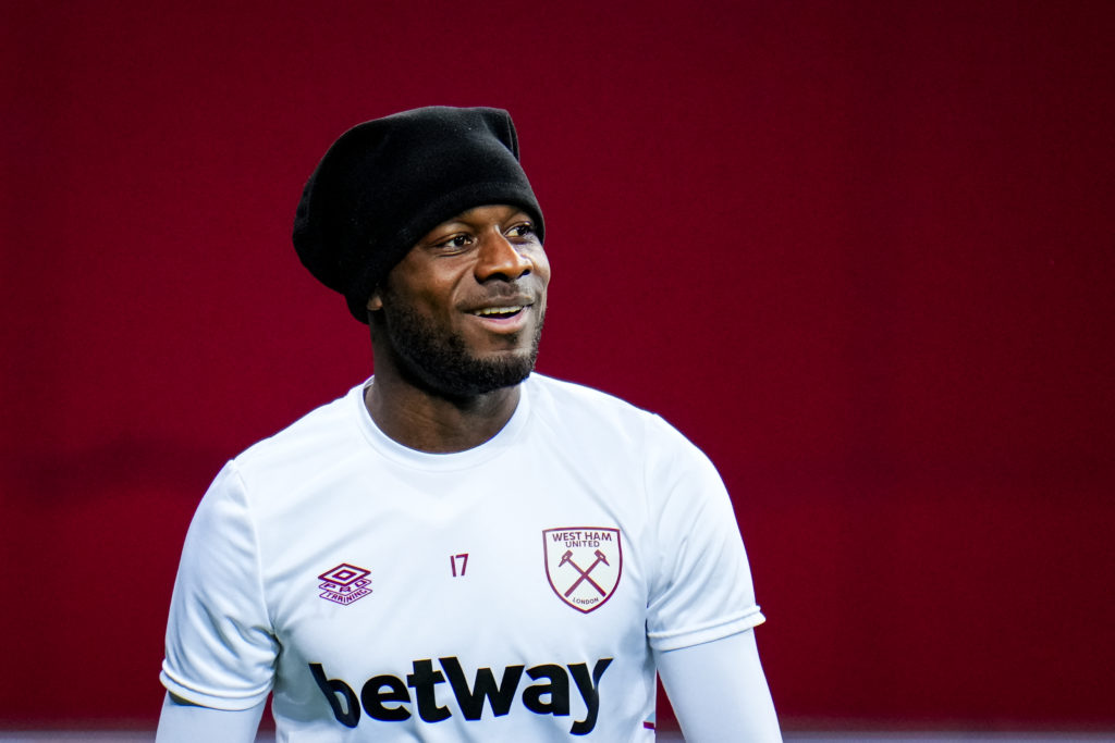 Maxwel Cornet of West Ham United looks on prior to the UEFA Europa League 2023/24 Quarter-Final first leg match between Bayer 04 Leverkusen and Wes...