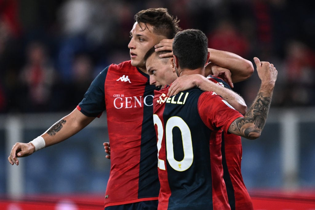 Albert Gudmundsson of Genoa celebrate his goal with Mateo Retegui of Genoa during the Serie A TIM match between Genoa CFC and Cagliari at Stadio Lu...