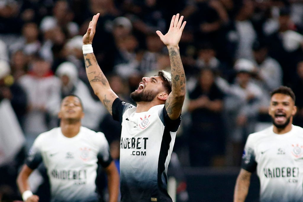 Corinthians' forward Yuri Alberto celebrates after scoring during the Copa Sudamericana group stage second leg football match between Brazil's Cori...