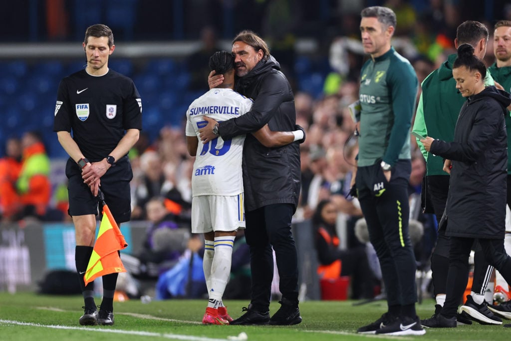 Leeds United's Crysencio Summerville and Leeds United head coach/manager Daniel Farke during the Sky Bet Championship play-off semi-final...