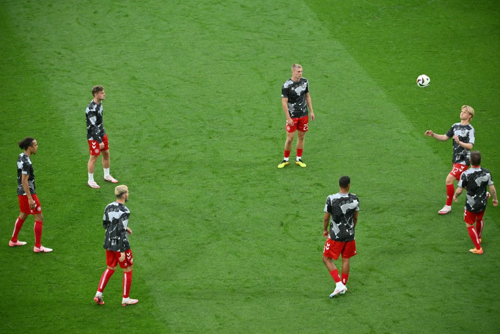 (From L) Denmark's midfielder #26 Jacob Bruun Larsen, Denmark's defender #25 Rasmus Kristensen, Denmark's forward #12 Kasper Dolberg and teammates ...