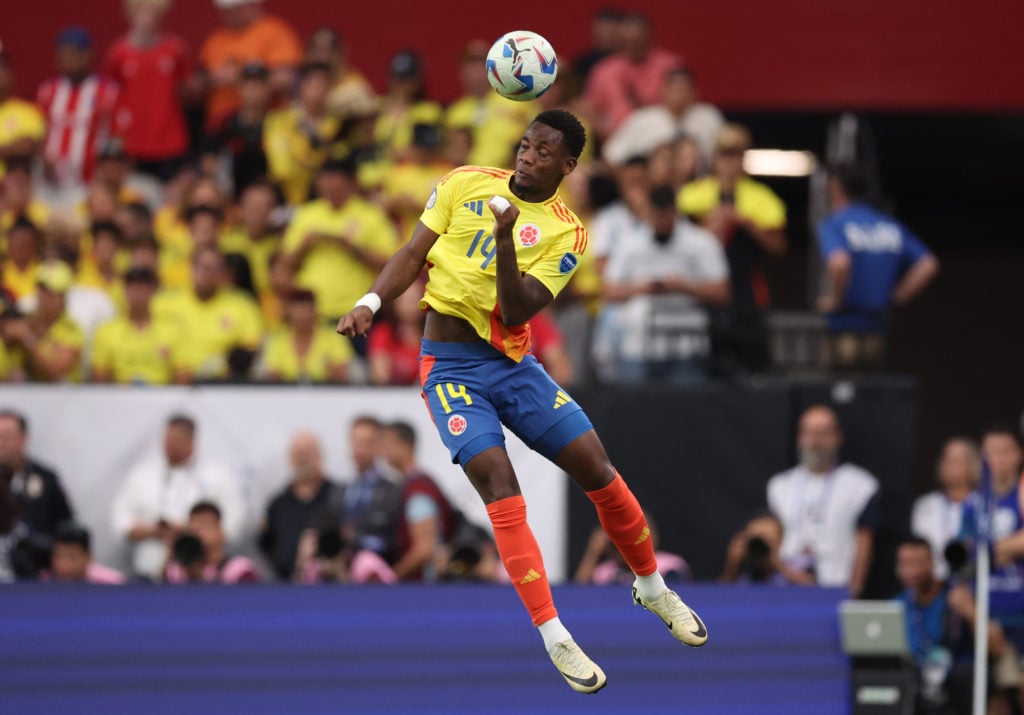 Jhon Duran of Colombia heads the ball during the CONMEBOL Copa America 2024 Group D match between Colombia and Costa Rica at State Farm Stadium on ...