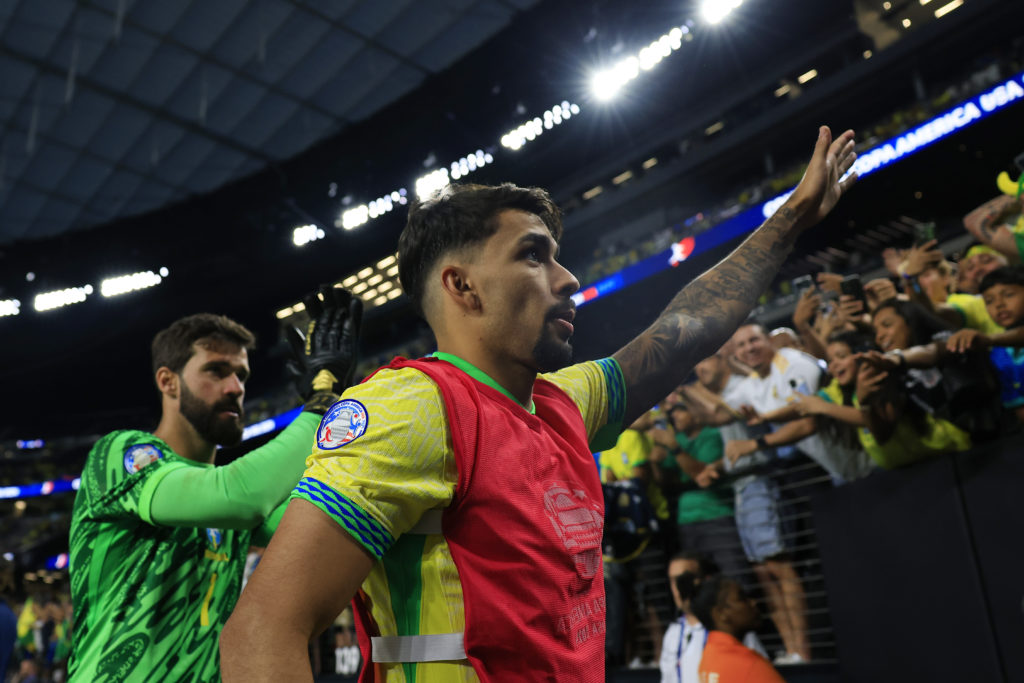 Lucas Paqueta of Brazil waves to fans after winning the CONMEBOL Copa America 2024 Group D match between Paraguay and Brazil at Allegiant Stadium o...