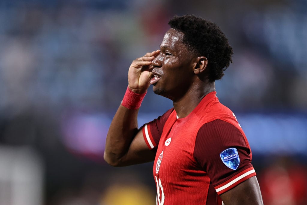 Jonathan David of Canada celebrates after scoring the team's second goal during the CONMEBOL Copa America 2024 third place match between Uruguay an...