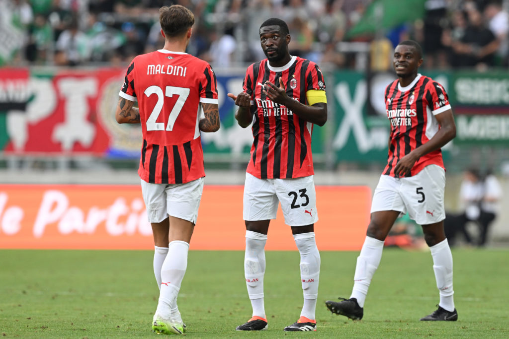 Fikayo Tomori of AC Milan reacts during the Pre-season Friendly match between SK Rapid Wien and AC Milan at Allianz Stadion on July 20, 2024 in Vie...