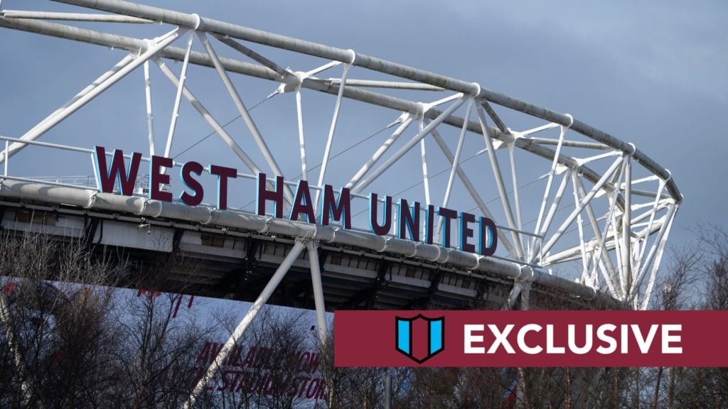 General view outside of the stadium prior to the Premier League match between West Ham United and Arsenal FC. Overlaid, an exclusive banner.