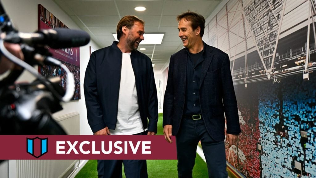 Julen Lopetegui is unveiled as the new West Ham United manager. Overlaid, an exclusive banner.