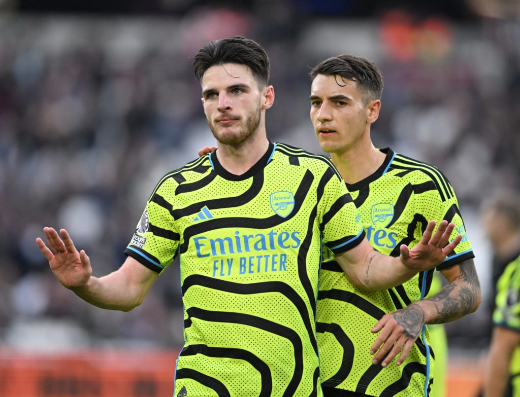 Declan Rice reacts after scoring the 6th Arsenal goal during the Premier League match between West Ham United and Arsenal FC at London Stadium on F...