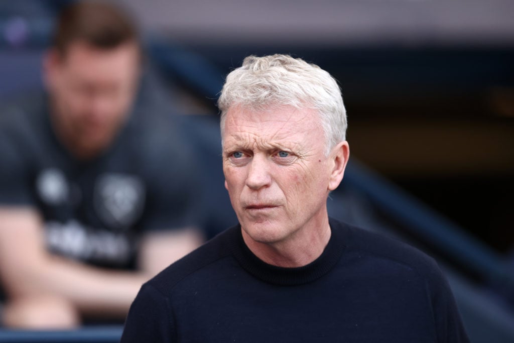 David Moyes, Manager of West Ham United, looks on prior to the Premier League match between Manchester City and West Ham United at Etihad Stadium o...