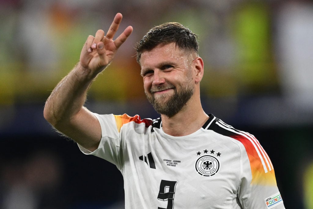 Niclas Fullkrug of Germany celebrates at the end of the UEFA EURO 2024 round of 16 match between Germany and Denmark at Football Stadium Dortmund o...