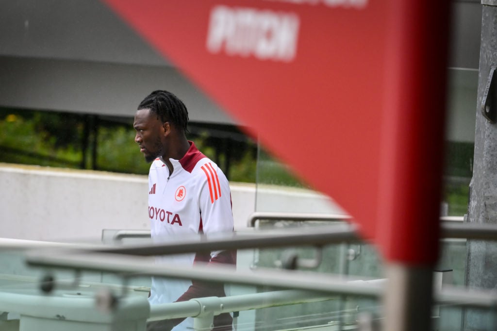 AS Roma player Tammy Abraham during a training session at St George's Park on August 08, 2024 in Burton upon Trent, England.