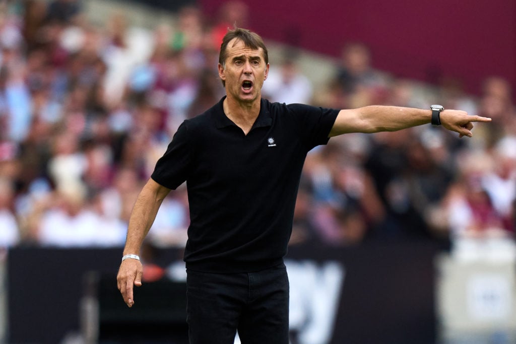 Julen Lopetegui, Manager of West Ham United reacts during the Pre-Season Friendly match between West Ham United and Celta Vigo at London Stadium on...