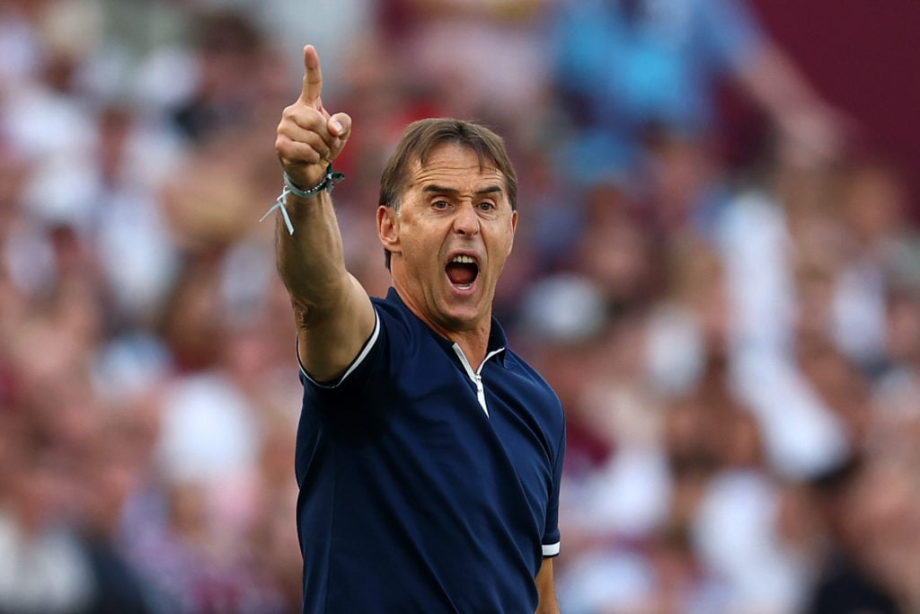 Julen Lopetegui, Manager of West Ham United, gestures during the Premier League match between West Ham United FC and Aston Villa FC at London Stadi...