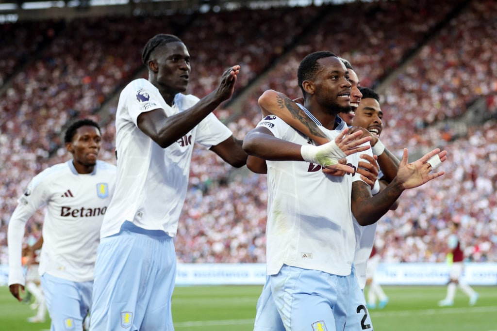 Jhon Duran of Aston Villa celebrates scoring his team's second goal with teammates during the Premier League match between West Ham United FC and A...